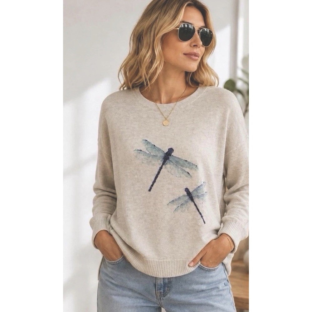 J. Jill M Heather Gray Ltweight Sweater Blue Dragonflies Cotton Blend Pullover